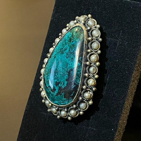 Vintage 935 sterling silver chrysocolla vermeil pendant/brooch
